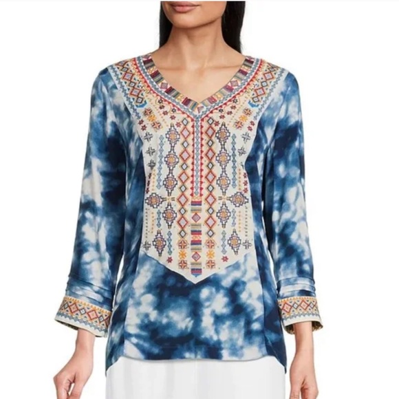 NWT John Mark BLUE HAZE Colorful Embroidered TIE DYE GAUZY BOHO Tunic To… - Picture 2 of 14